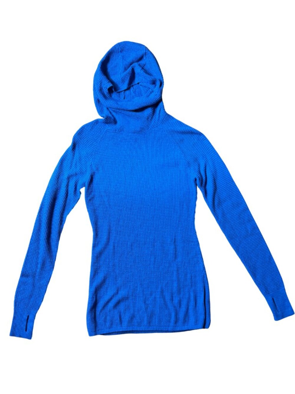 Eddie Bauer Merino Blend Waffle Knit Hooded Sweater Layer Thumbholes Blue XS